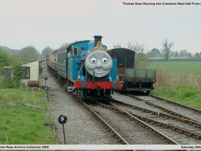 Seen running into Cranmore West Halt from Mendip Vale is Thomas ( Jinty ) that was hired in from another railway for the summer season. Picture taken Saturday 30th April 2005.